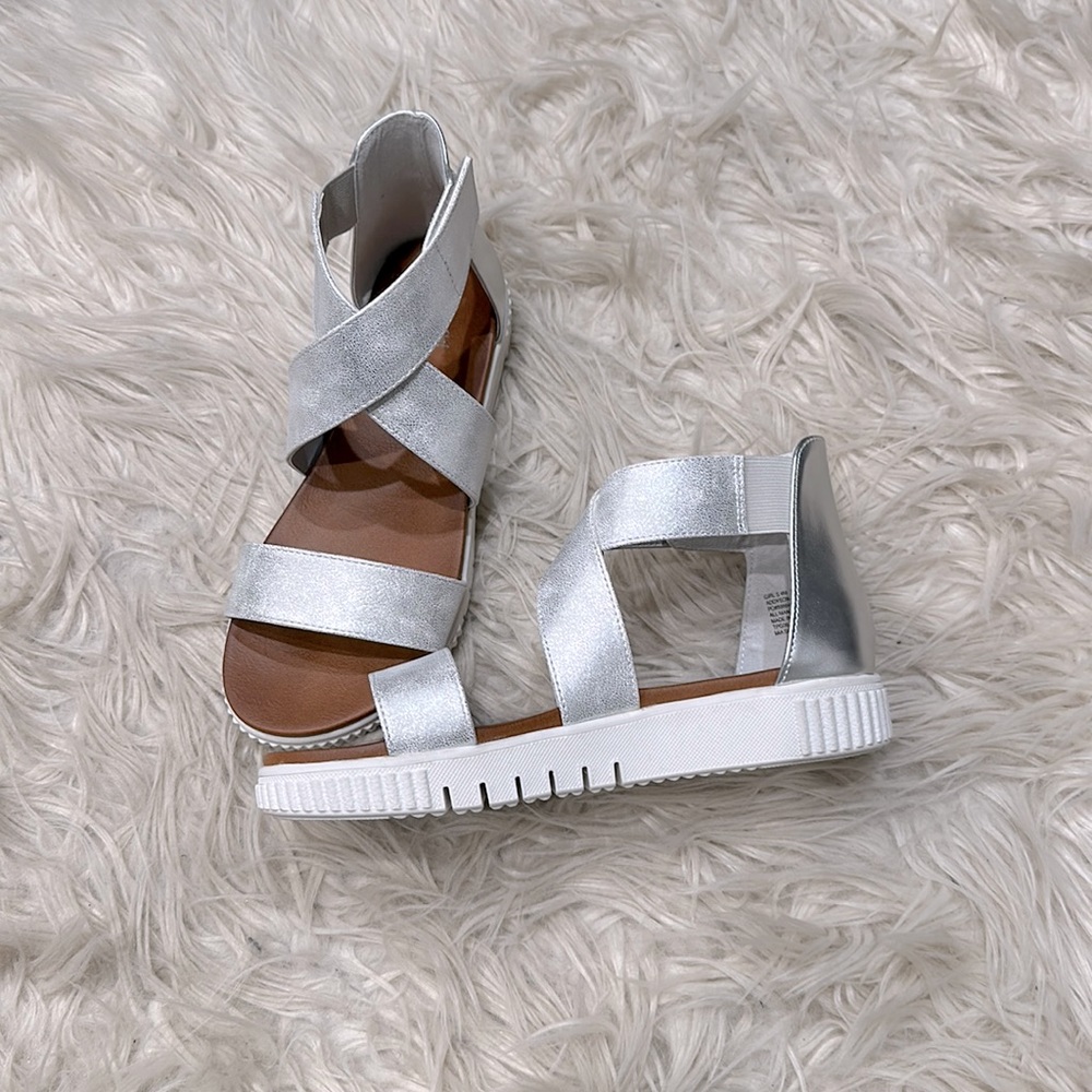 Mia brushed silver velcro strappy vegan leathersandal with platform sneaker sole